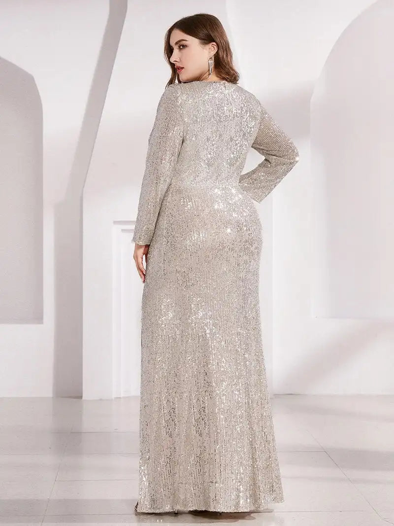 Plus Size Evening Dresses V-Neck Long Sleeves A-LINE Sequin