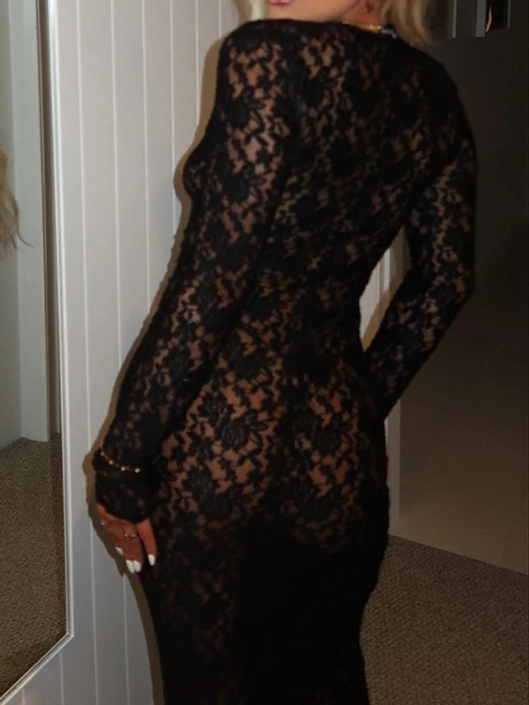 Sexy See-through Lace Flower Embroidery Slim Bodycon Long Dress