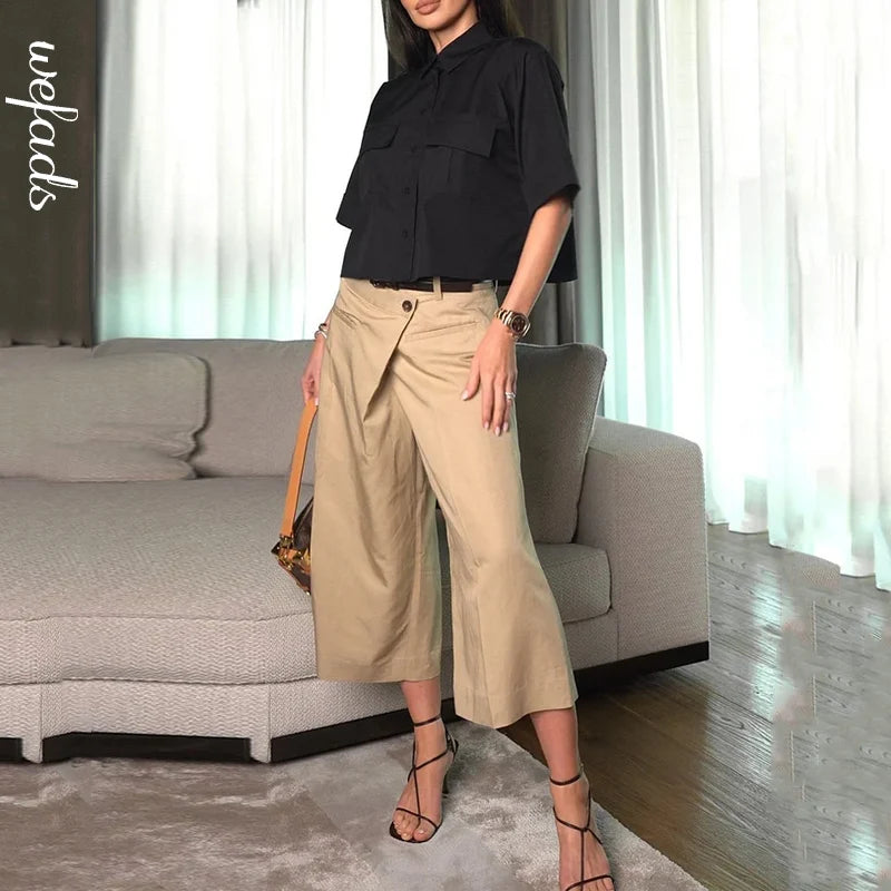 Wefads 2 Piece Set Women Summer Casual Solid Lapel Single Breasted Button Short Sleeve Top Loose Irregular 8-Point Pants Sets