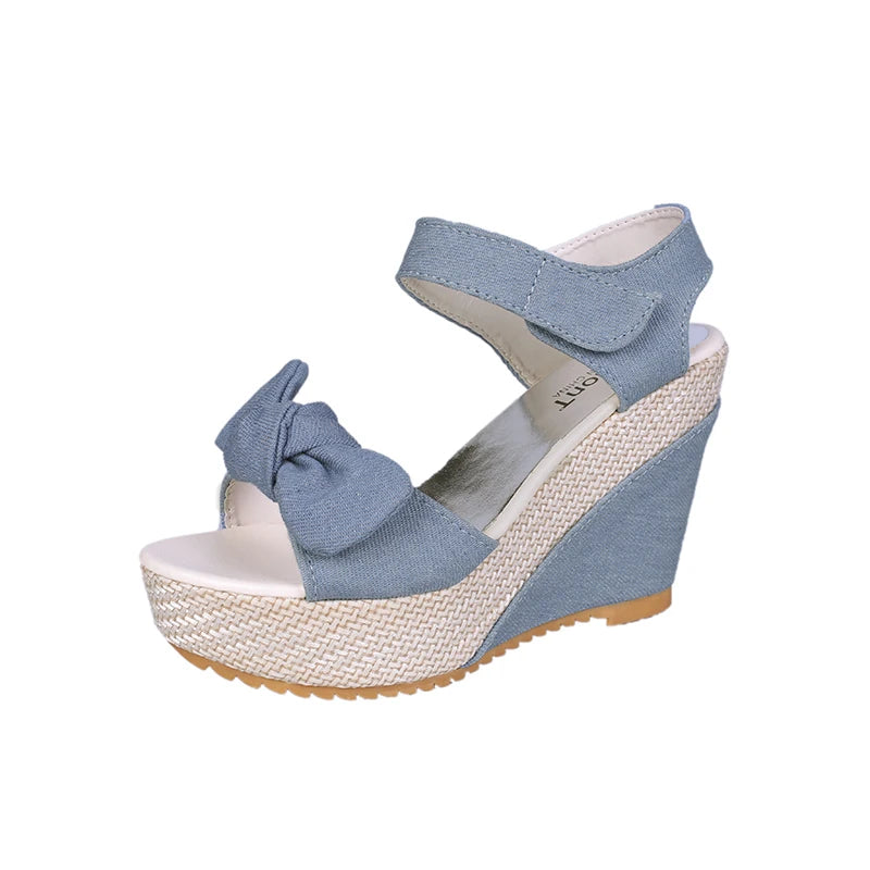 Brand New Ladies Platform Denim Sandals Fashion Bow Mixed Colors Wedges High Heels Women's Sandals Casual Party Woman Shoes