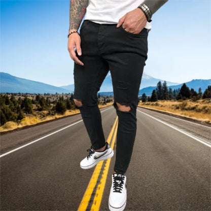 Men Jeans Knee Hole Skinny Jeans Stretch Cotton Solid Color Pants