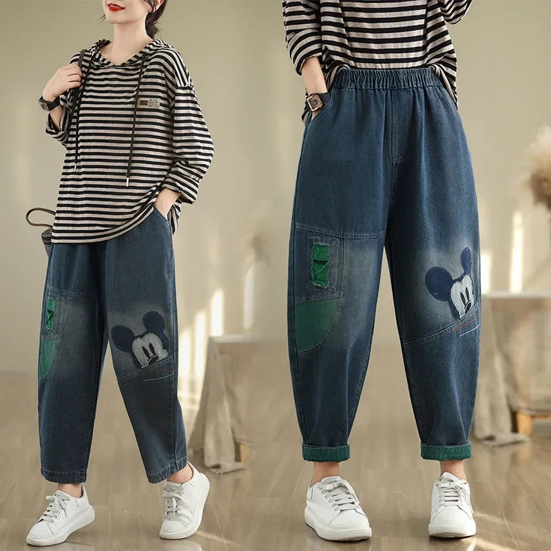 2024 Autumn Plus Size Casual Fashionable Versatile Embroidered Harem Jeans Loose Fit Bell Bottoms For Women