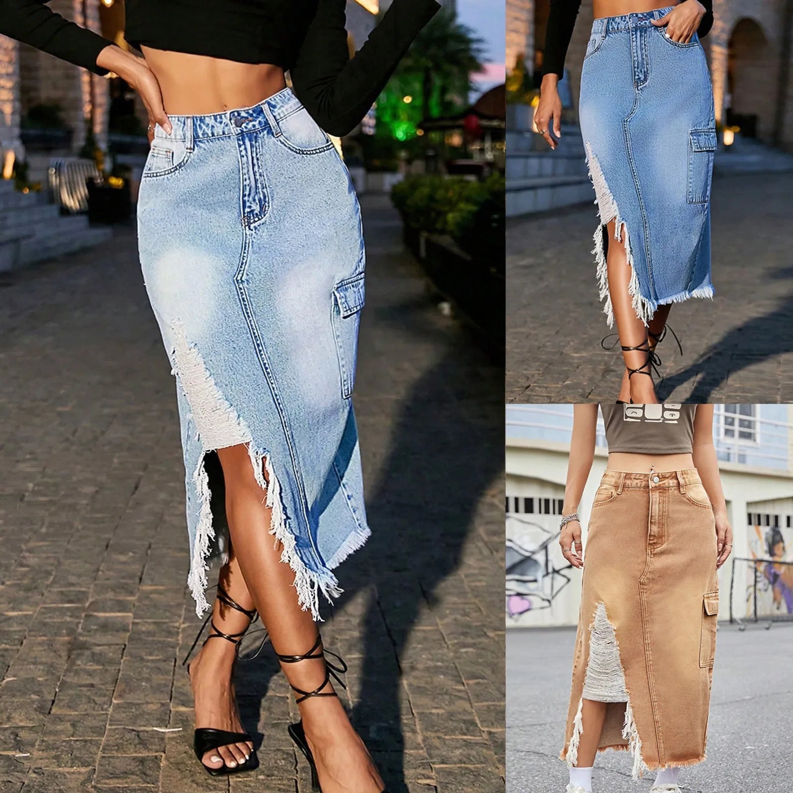 Women'S High-Waisted Denim Slim-Fit Skirt With Side Slits Tassels And Light Blue Raw Edges With Irregular Pockets Fashionable