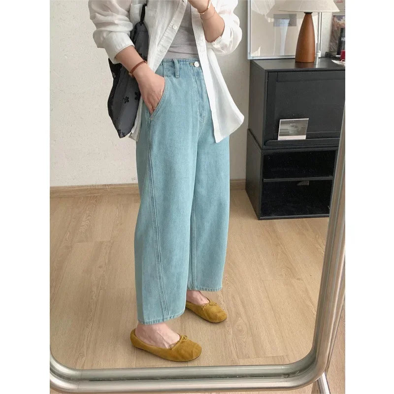 2024 Pear-Shaped Body Harajuku Jeans Women's Summer Thin Plus Size High-Waisted Banana Milk Latex Cropped Pants