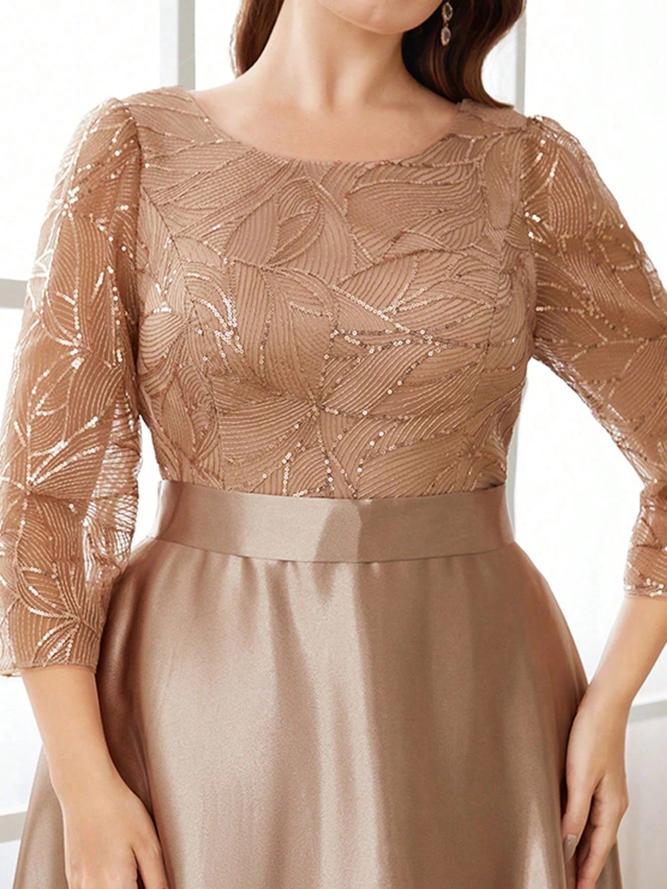 Crew neck long sleeve sequin patchwork satin long gown ball dress