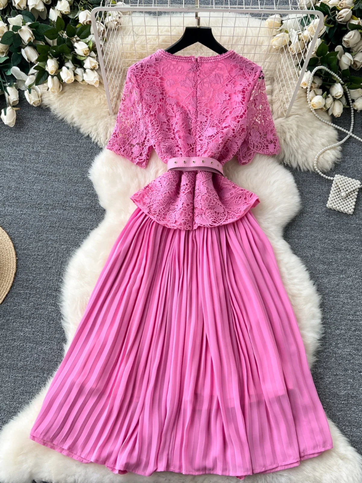 Designer Summer Pleated Chiffon Lace Long Dress