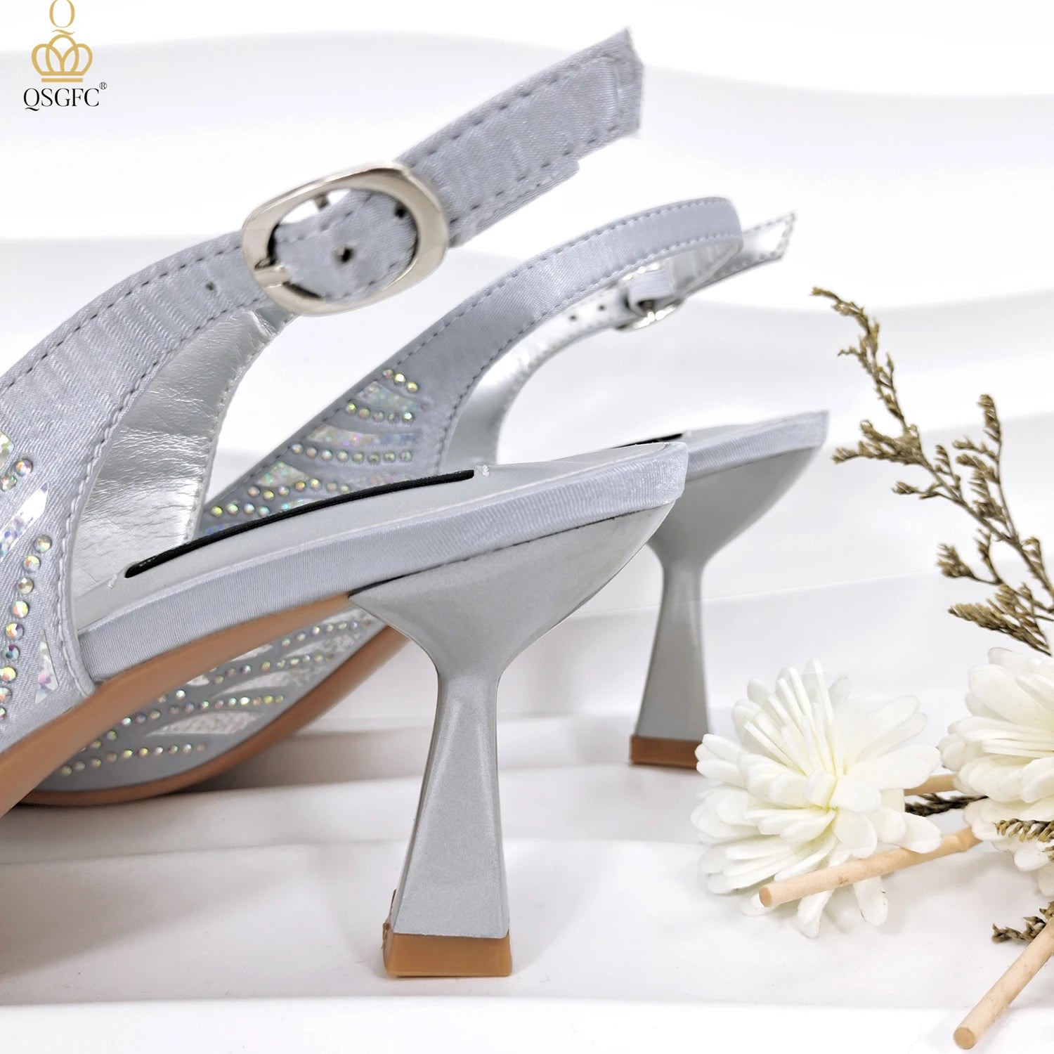 Ladies Heel and Bag Set Full Diamond Fashion Silver Color Pumps