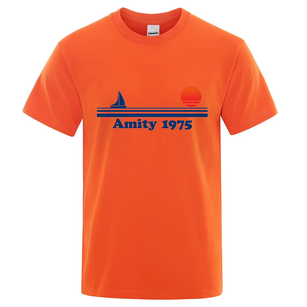 Amity 1975 - Jaws Retro Print Tshirt Men Creativity Sweat Clothing Fashion Tee Clothes T Shirts Breathable Cotton T-Shirts Man