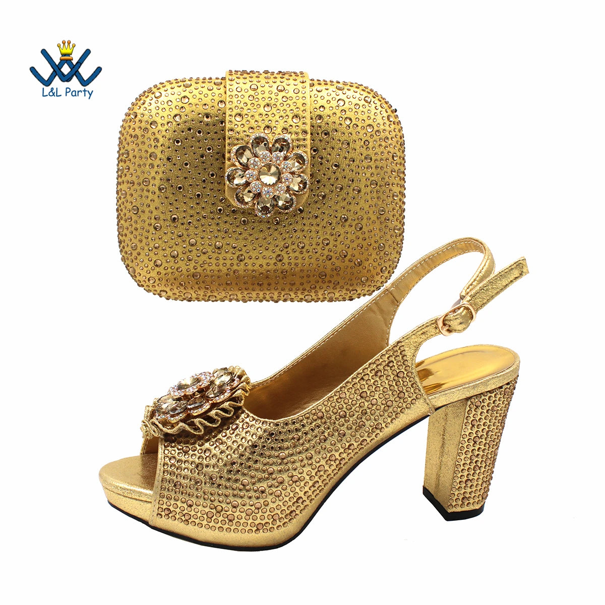 Peep Toe Spring Autumn Lady Shoes and Bag Set in Gold Color