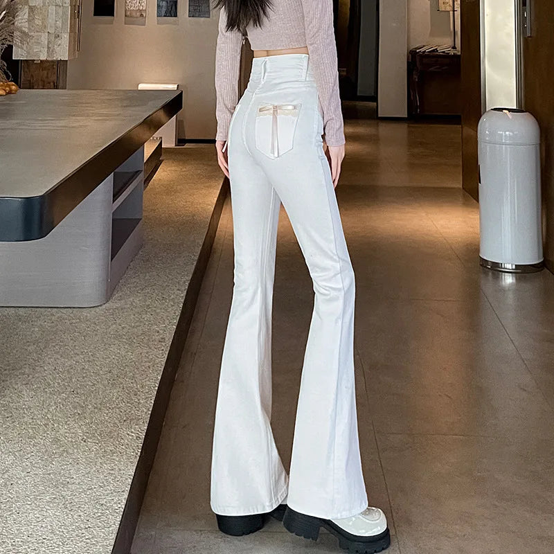 Women's New Slim Jeans Stretch Spice Girls Bow Lace Splicing Micro Jeans Female Slim High Waist Thin Horseshoe Pants Jeans