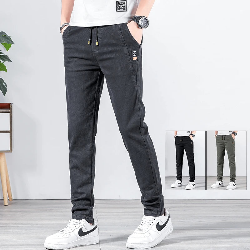 Spring Summer Men Casual Pants Elastic Waist Design Straight Slim Trousers Korean Trendy Stretch Male Pants Brand Clothing
