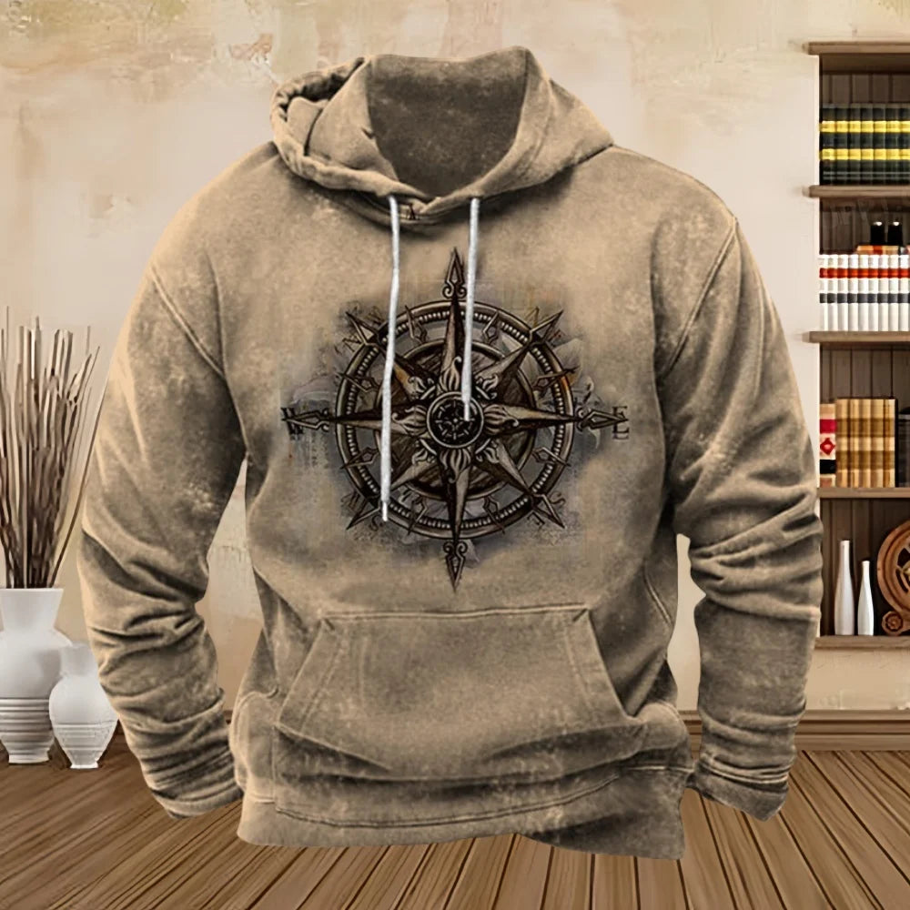 Vintage Compass Graphic Hoodies for Men Long Sleeve Pullover Sweatshirt Tops Full Print Vintage Hoodie Streetwear Men's Clothing