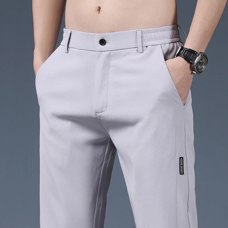 Summer Thin Ice Silk Stretch Men's Pants Business Casual Elastic Waist Smooth Trouser Suit Pants Male Brand Clothing