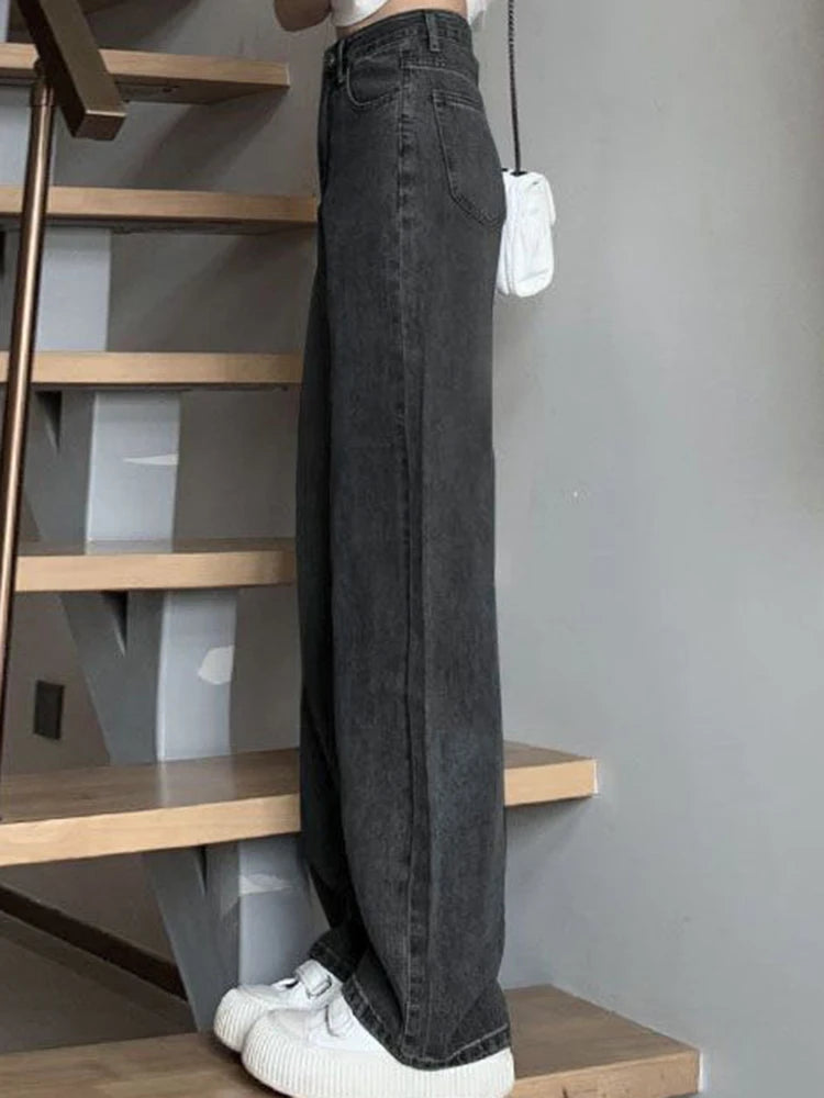 Girls High Waist Wide Leg Jeans Lady High Street Denim Straight Leg Pants Female Retro Blue Light Blue Black Gray Pink Trousers