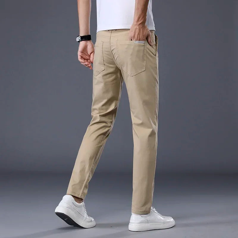 Summer Thin Men's Casual Pants Cotton 7 Colors Classic Style Elastic Straight Slim Fit Business Fashion Long Trousers Male