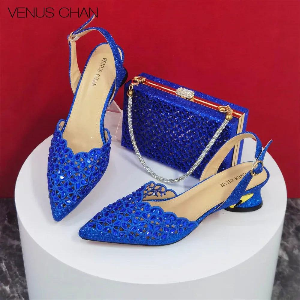Women's High Heel Pointed Toe Sandals Party Silver Color Shoes and Bags Set
