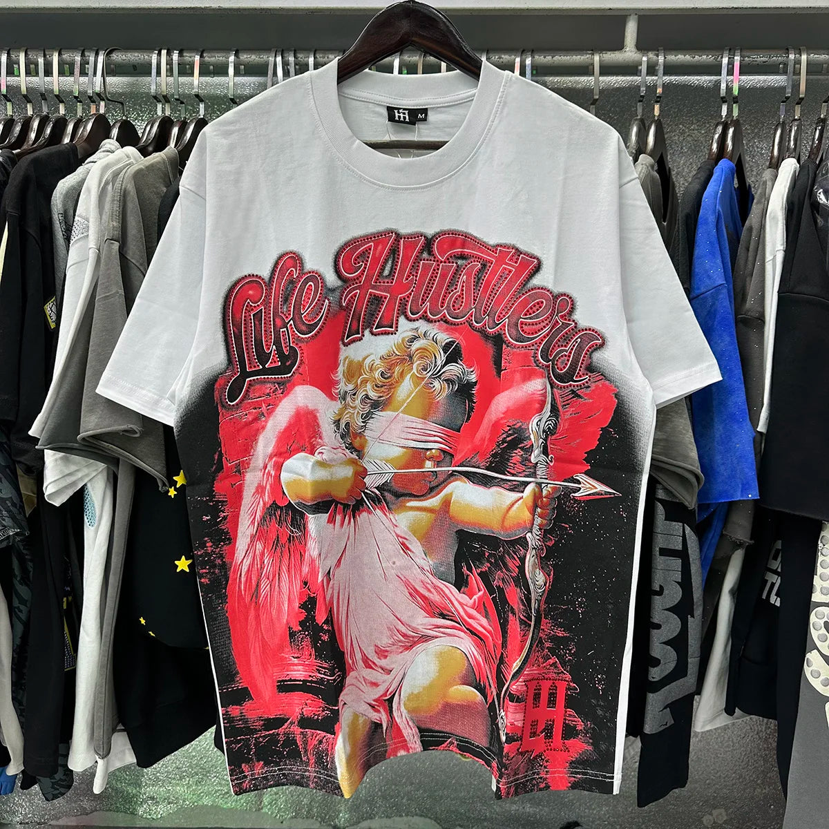 Masked Angel Shooting Arrows Diamond Cotton Short Sleeve Tshirts for Men and Women Crew Neck Loose Summer T-shirt Oversized Tees