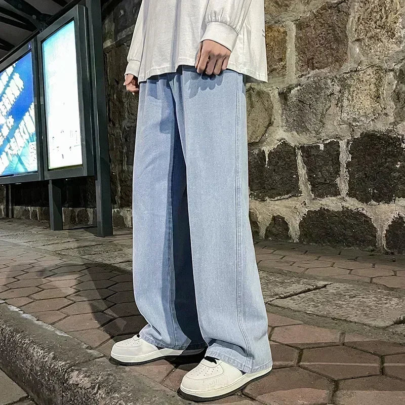2025 New Korean Men's Casual Long Jeans Classic Man Straight Denim Wide-leg Pants Solid Color Light Blue Grey Black