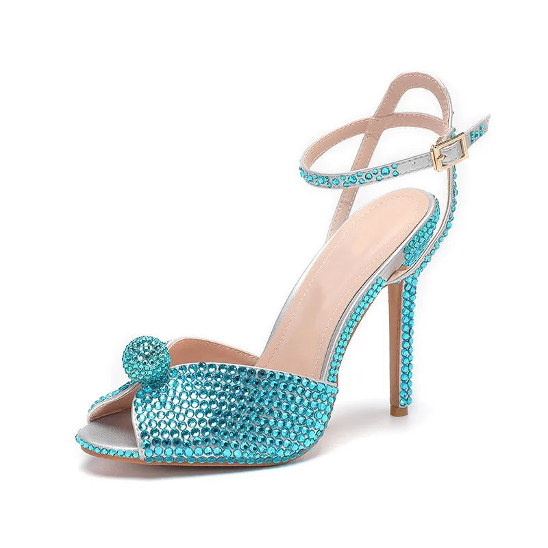 Runway style Rhinestone Sequined Peep toe Women Gladiator Sandals Summer Elegant High heels Crystal Wedding Banquet Bridal Shoes