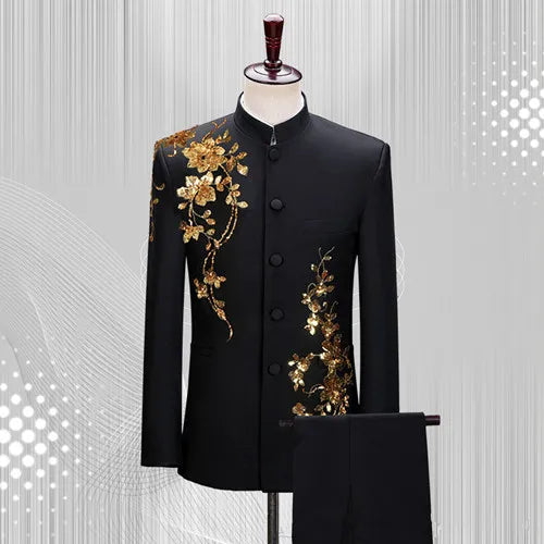 Herren Anzug Stehkragen Blumenmuster