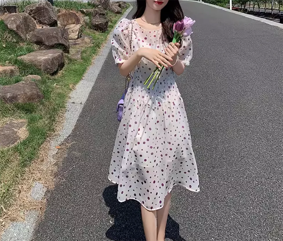 Purple polka dot chiffon dress for women