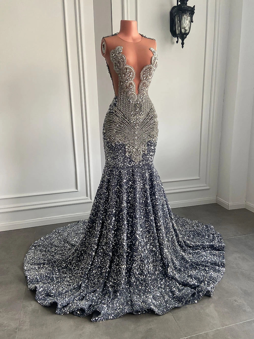 Sexy Long Sparkly Prom Dresses 2025 Sheer O-neck Luxury Silver Crystals Diamond Sequin Mermaid Black Girl Prom Party Gowns