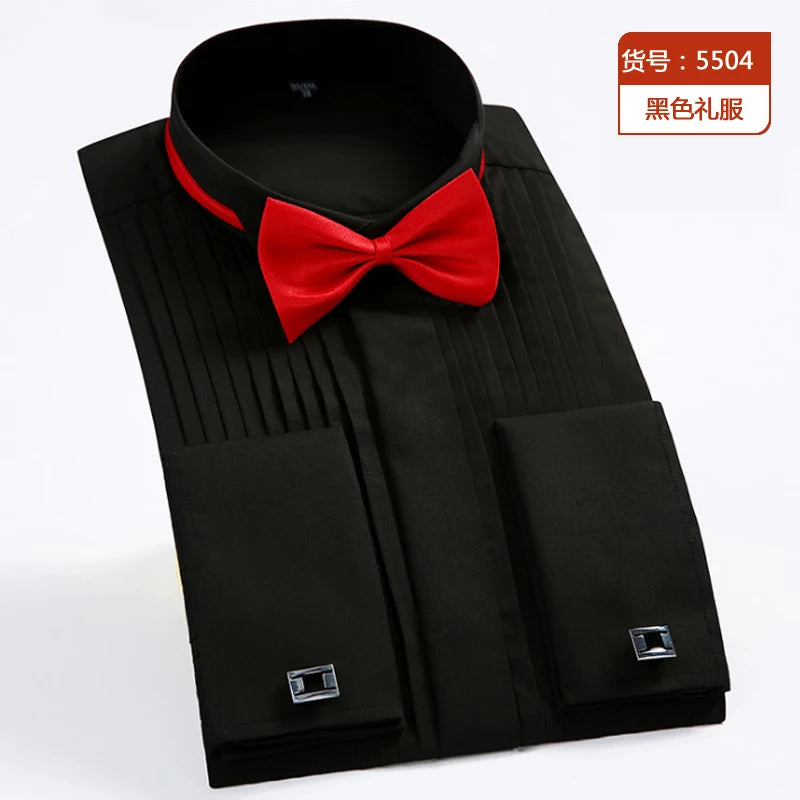 New dovetail stand collar wedding dress men's long sleeve shirt French buckle event performance solid color shirt send bow tie