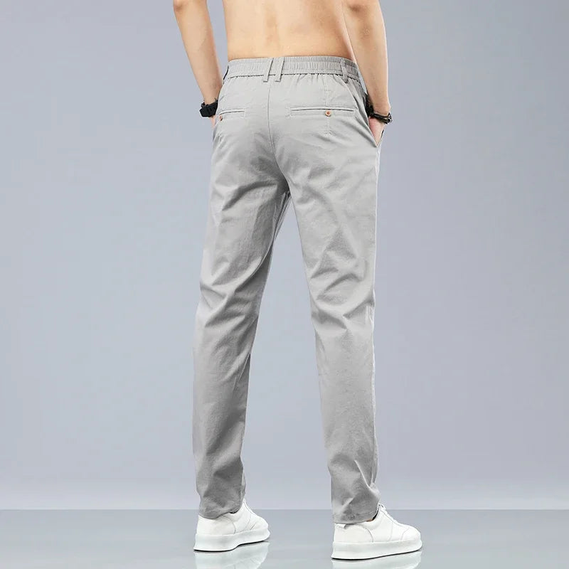 Spring Summer Cotton Men Casual Pants Elastic Waist Business Korean Fashion Straight Classic Solid Color Trousers Black Khaki