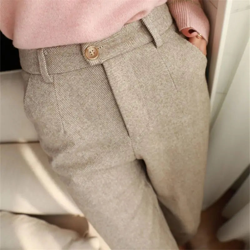 Korean Woolen Pants Women's Autumn Winter Clothing New High Waist Slimming Straight Leg Casual Pants Haren Suit Pants