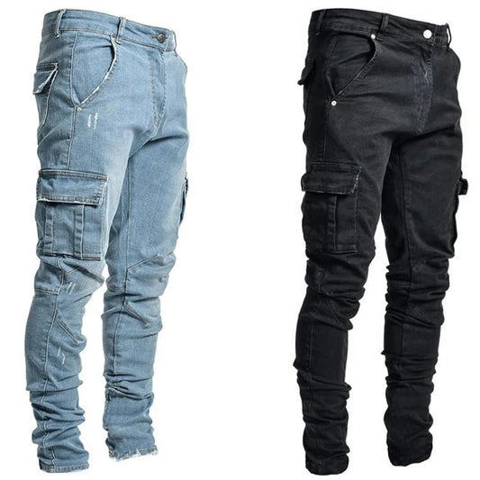 Jeans Men Black Cargo Pants Multi Pockets Blue Slim Fit Streetwear