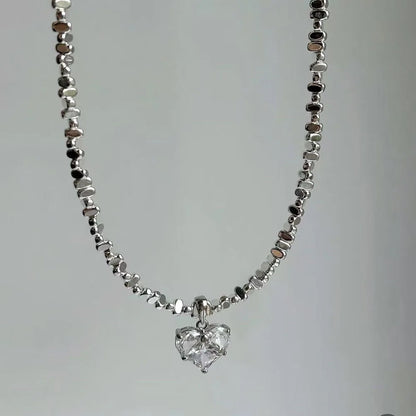 Irregular Beads Chain With Crystal Heart Pendant Necklace for Wome