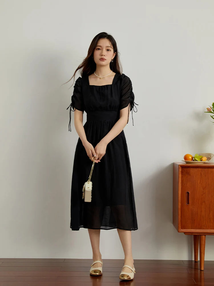 DUSHU French Vintage Tie Waist Dress Summer 2023 New Fresh Dress For Women Green Black Women Hight Waist Dress For Women