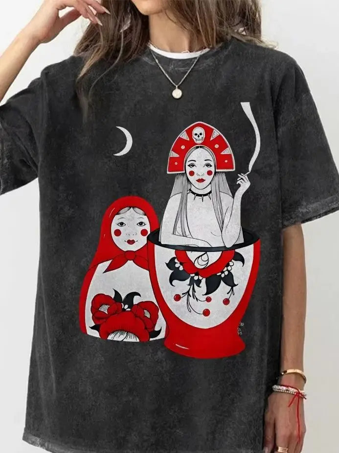 Russian Doll Pattern, Cute Style, Y2k Graphic Tee, Women's Oversized T-Shirt, Cute Hand-Painted Bunny, Korean Style Art, Summer