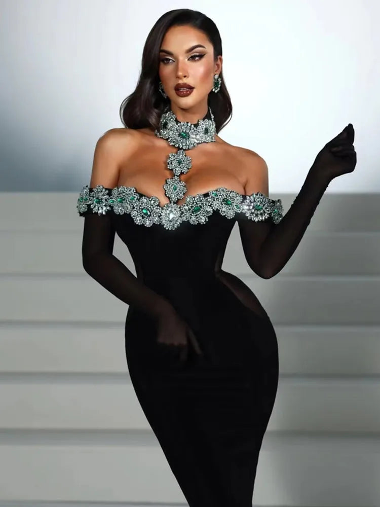 Bandage Dress Women Celebrity Sexy Diamonds Crystal Black Maxi