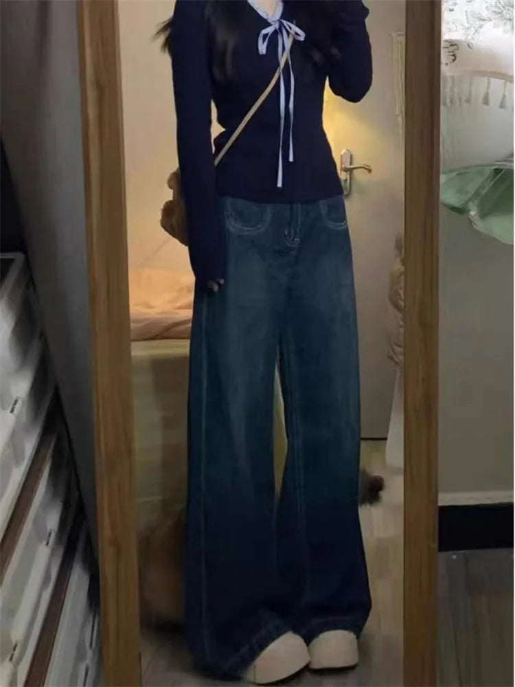 Botvotee American Retro Jeans for Women High Waist Wide Leg Loose Straight Deep Blue Denim Pants Female Fashion Streetwear Jeans