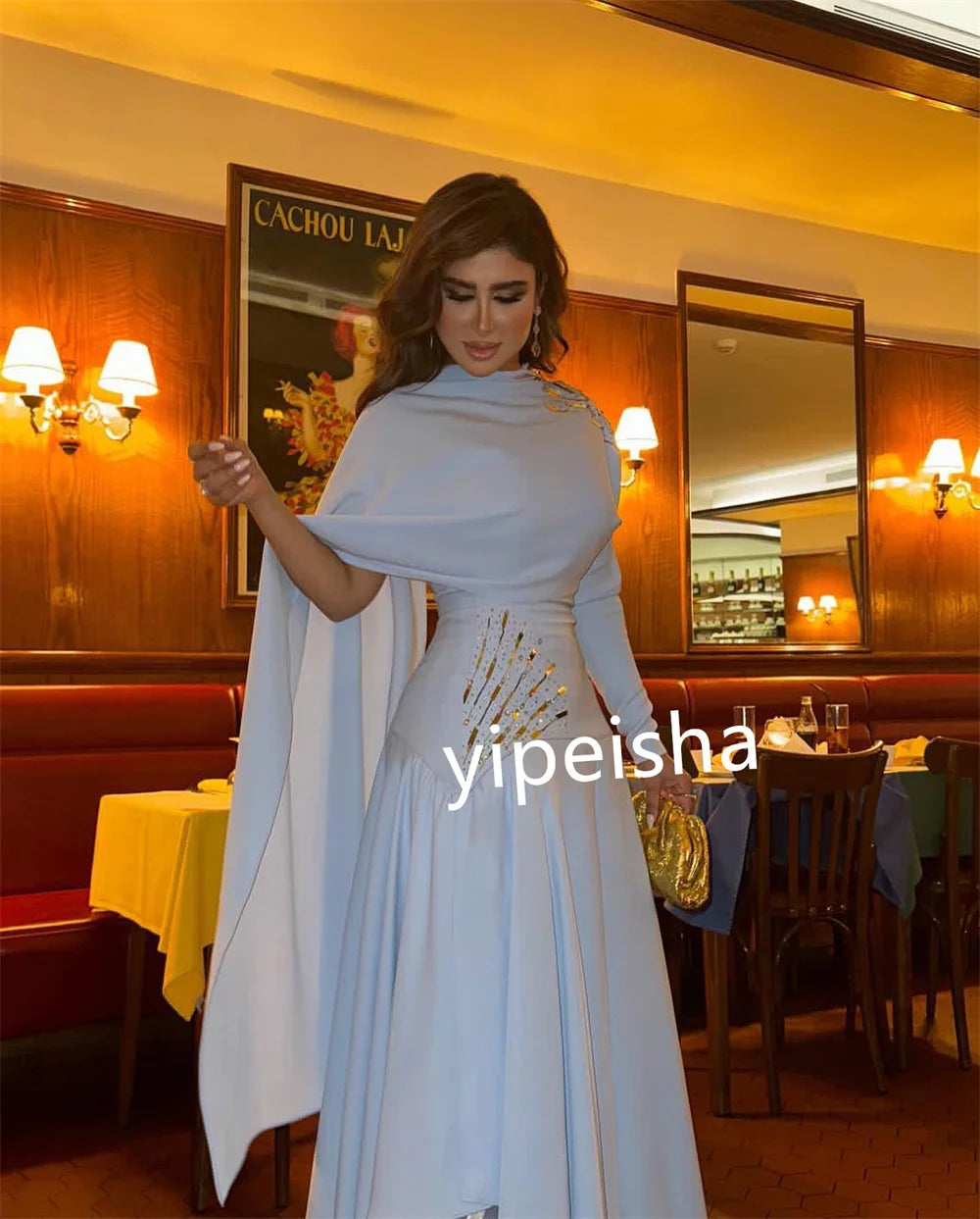Customized Sparkle Jersey Pleat Pattern A-line High Collar Midi Dresses Prom Dresses Unisex Chinese Style Formal Casual