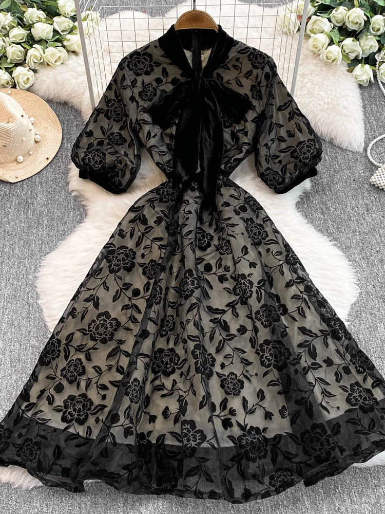 Elegant Flocking Tulle Flower Long Dresses