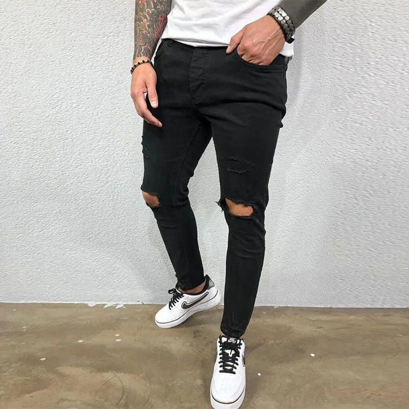 Men Jeans Knee Hole Skinny Jeans Stretch Cotton Solid Color Pants