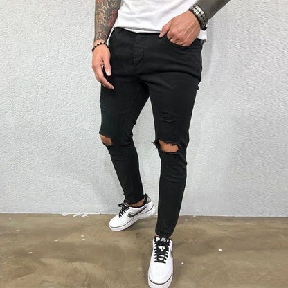 Men Jeans Knee Hole Skinny Jeans Stretch Cotton Solid Color Pants