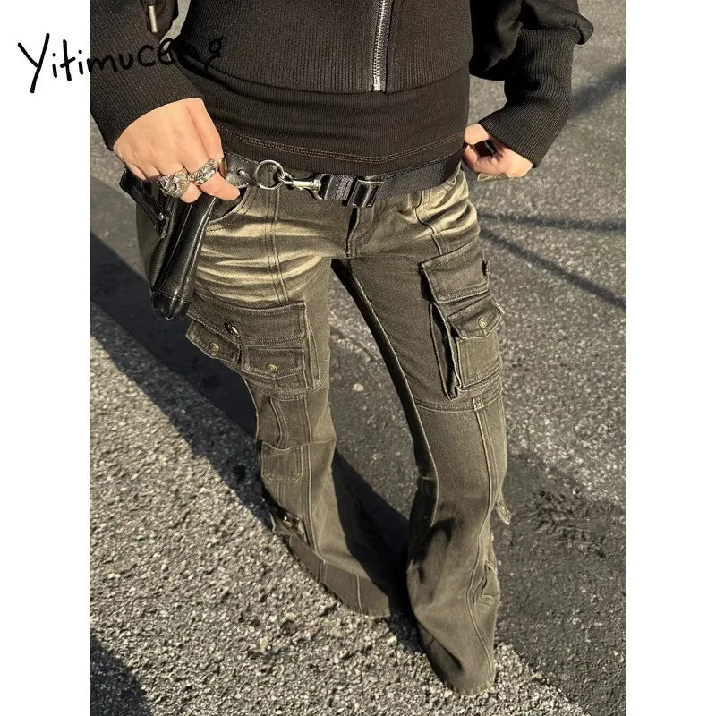 Yitimuceng American Retro Low Waist Denim Cargo Pants Women Washed Distressed Multi-pocket Flare Jeans Y2k Spice Girl Streetwear