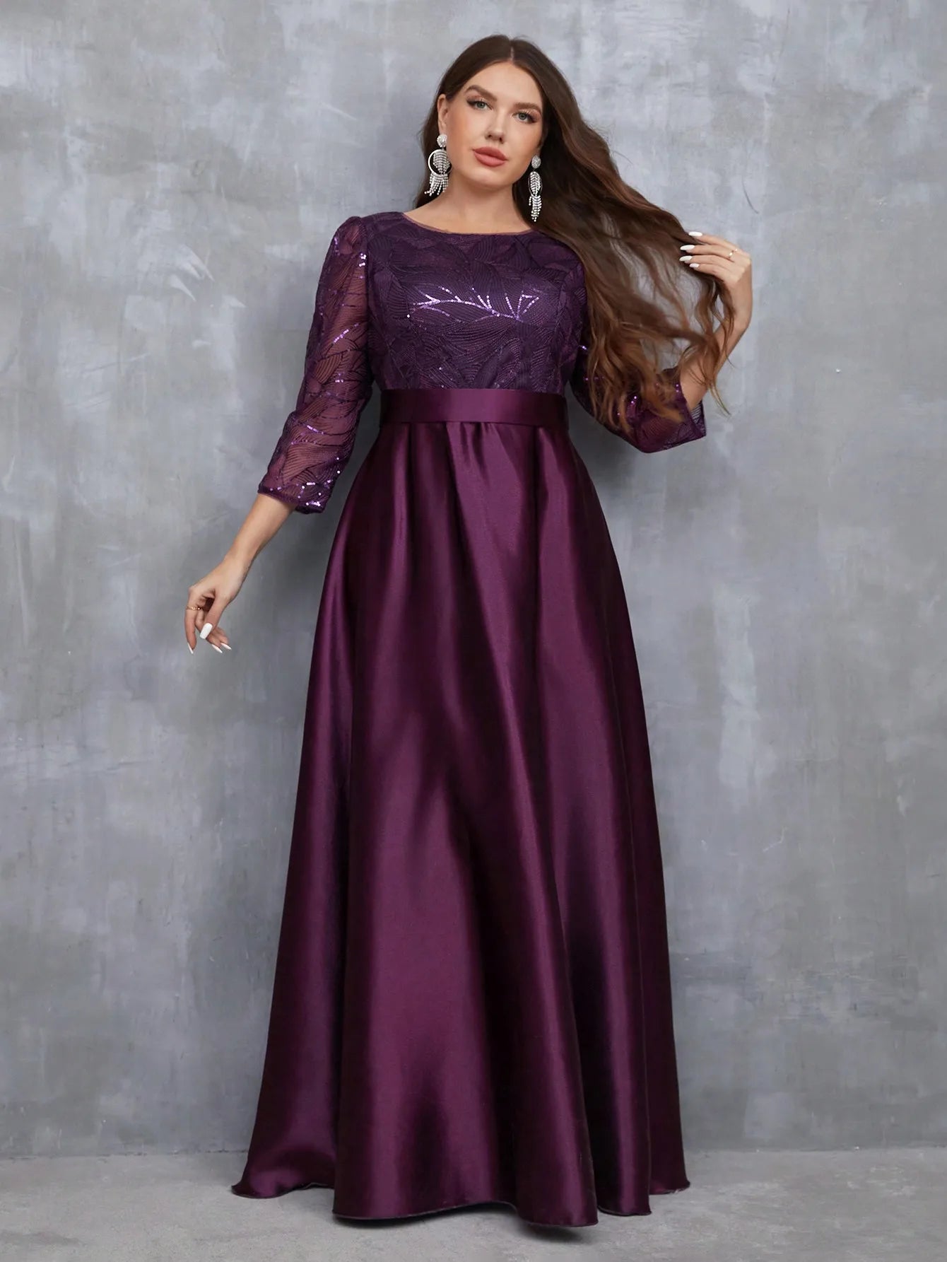 Crew neck long sleeve sequin patchwork satin long gown ball dress