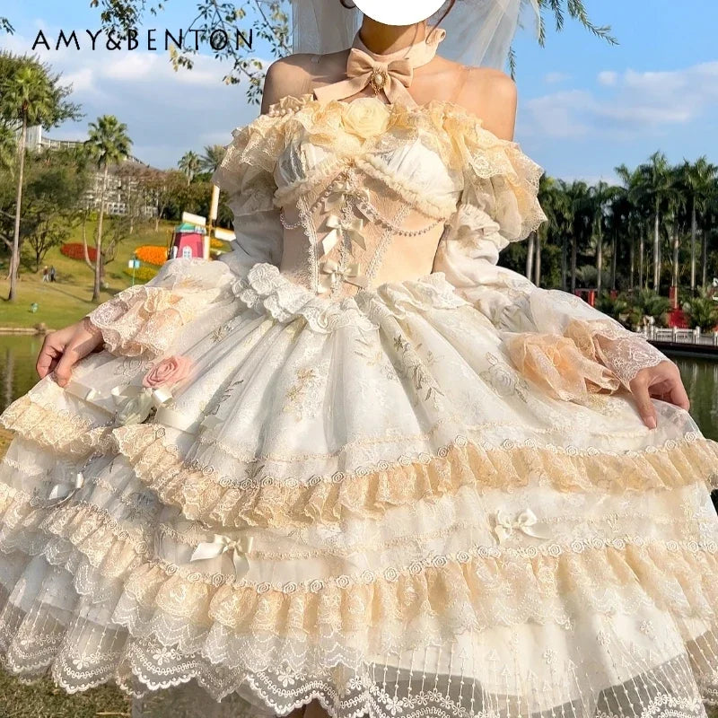 Haute Sense Heavy Industry Lolita Dress Female Sweet Off-Shoulder Lace Stitching Multi-Layer Dresses Birthday Dress for Women