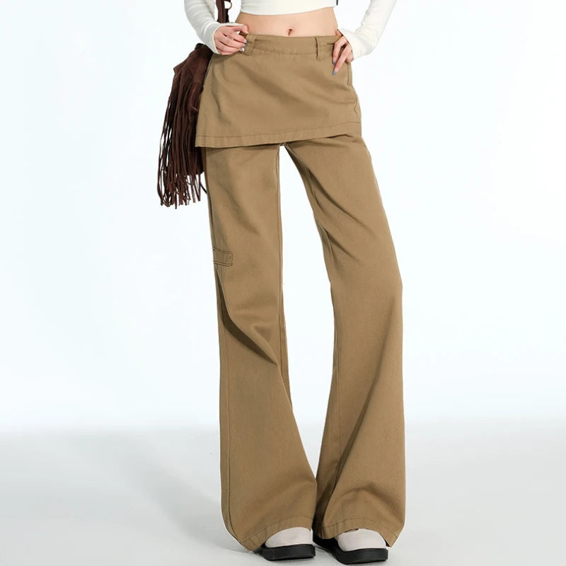 Plus Size Retro Fake Two-Piece Fart Curtain Jeans 2025 Spring Autumn Micro-Pull Cargo Slimming Straight Stacked Wide-Leg Pants