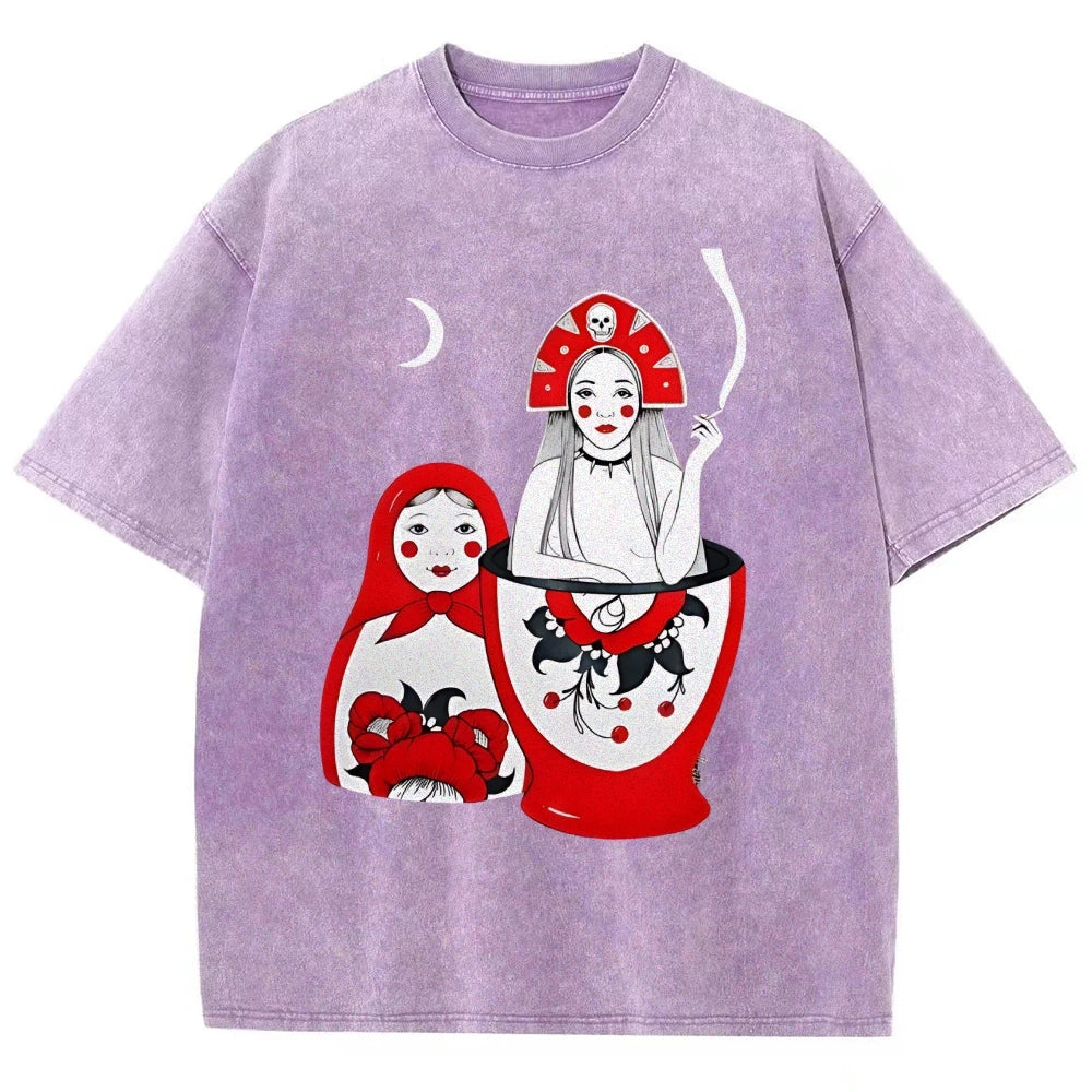 Russian Doll Pattern, Cute Style, Y2k Graphic Tee, Women's Oversized T-Shirt, Cute Hand-Painted Bunny, Korean Style Art, Summer