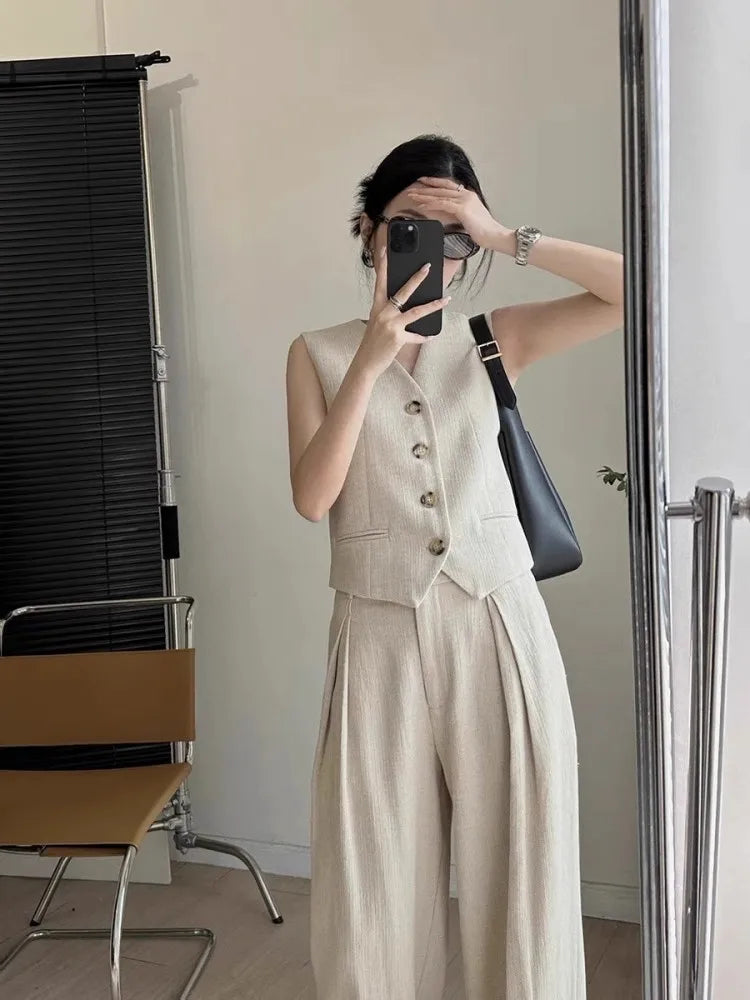 Women Casual Weaving Linen Sleeveless Sets