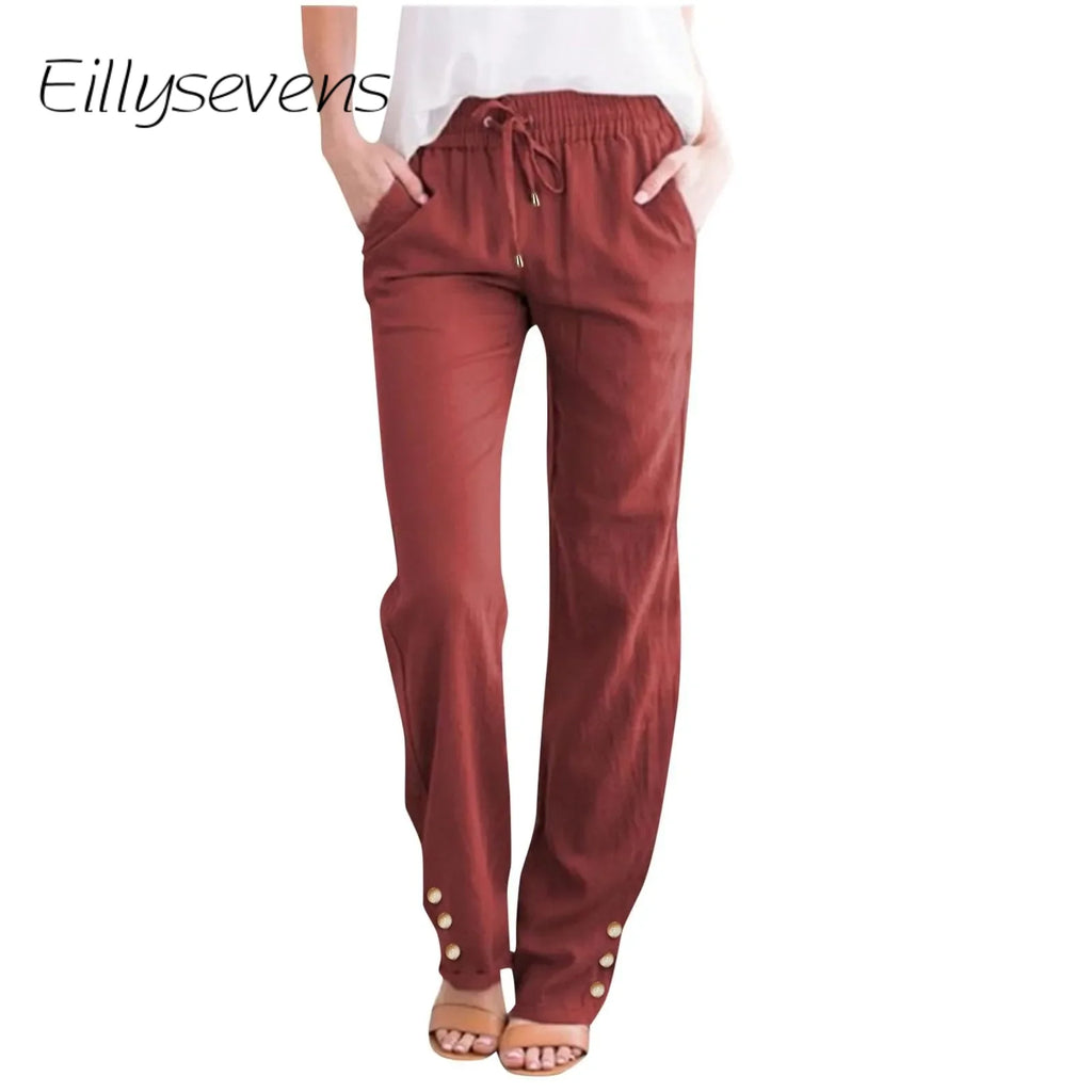 Women'S Fashionable Pants Casual Summer New Straight Trousers Solid Color Casual Slim-Fit With Pockets Buttoned Daily Pants