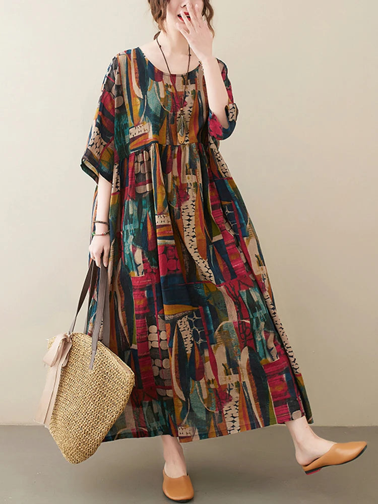 Short Sleeve Cotton Linen Vintage Print Summer Long Dresses For Women 2025 Casual Loose Holiday Ladies Dress Elegant Clothes