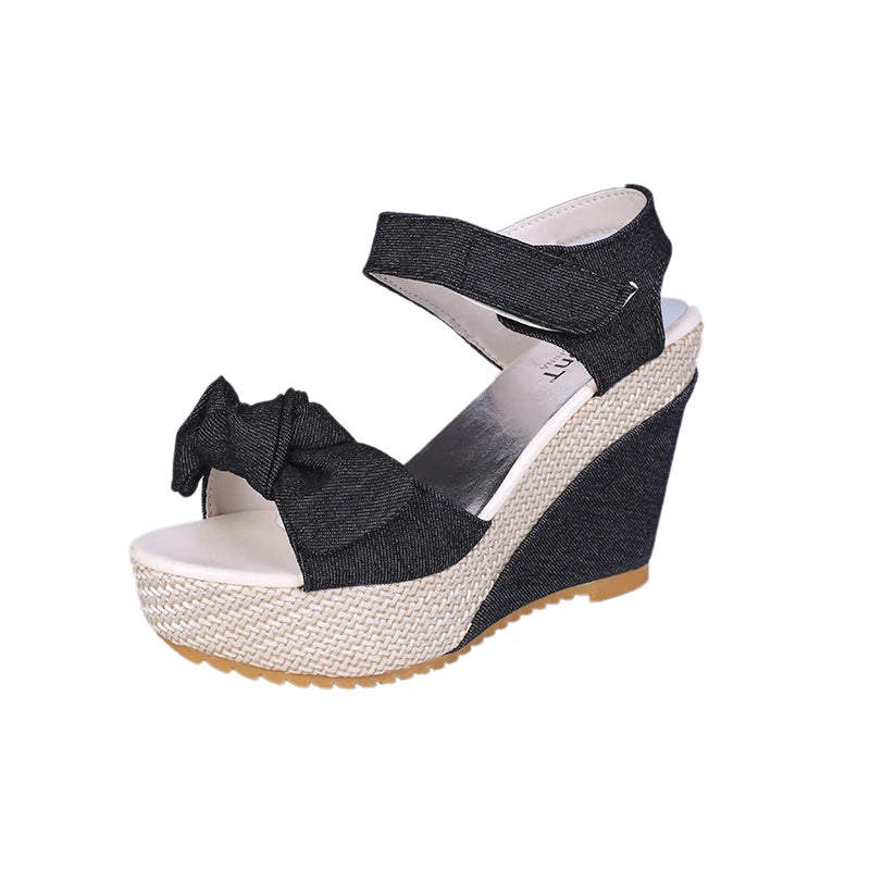 Brand New Ladies Platform Denim Sandals Fashion Bow Mixed Colors Wedges High Heels Women's Sandals Casual Party Woman Shoes
