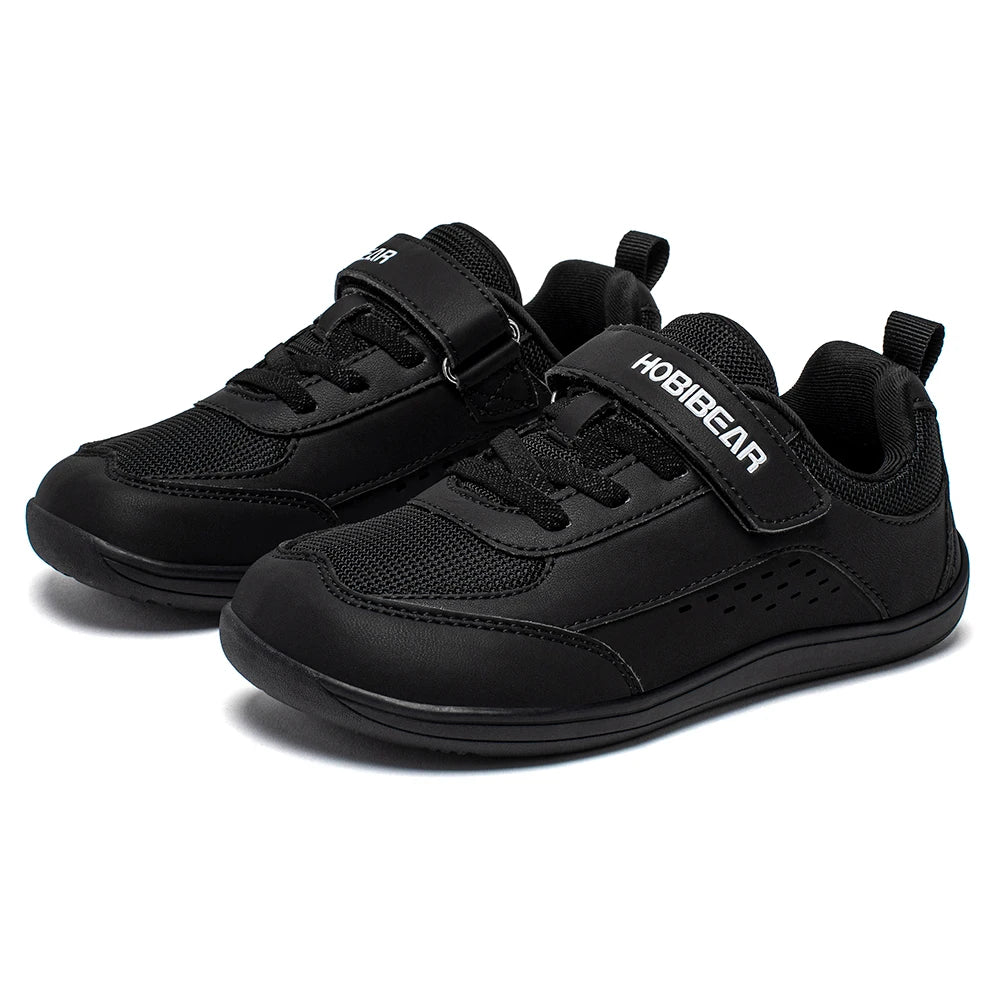 HOBIBEAR Kids Wide Toe Shoes Big Kid Barefoot Hook Loop Minimalist Sneakers Artificial Leather Mesh Shoes