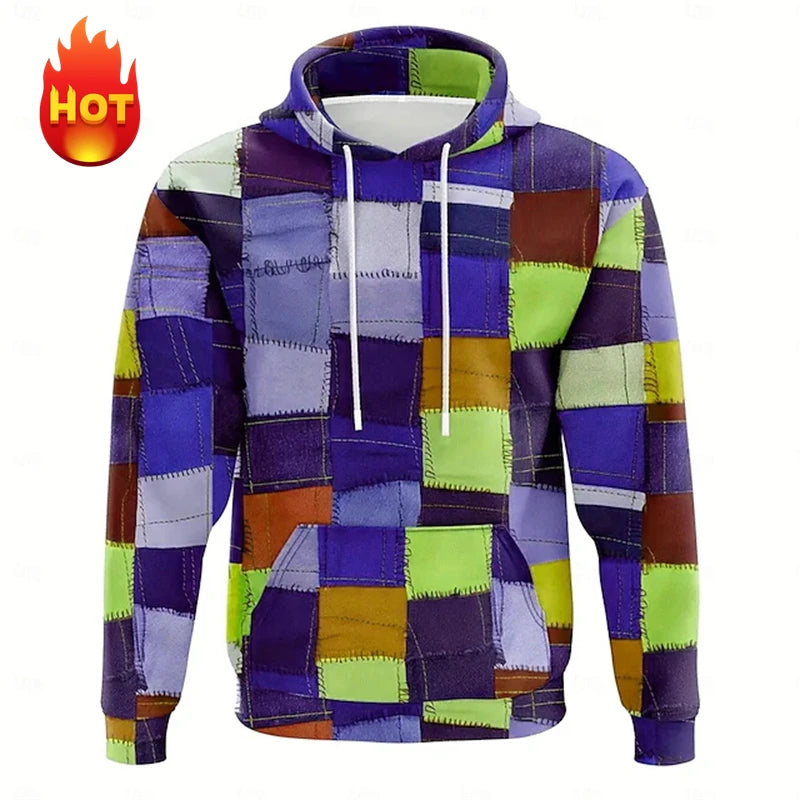 Y2K Men's Hoodie 3d Simulation Stitching Plaid Print Hooded Sweatshirts Pop Men Clothing Oversized Street New Designer Pullovers